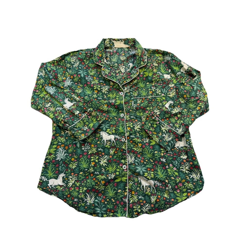 Printfresh sz S TOP ONLY Green Unicorn Garden Long Sleeve Button Up Whimsical
